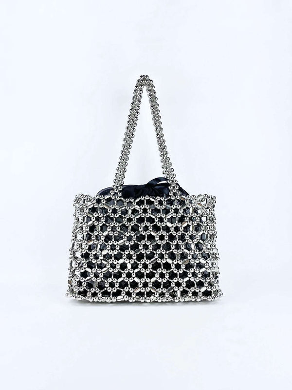 Fashionable niche retro shiny silver beaded bag woven lightweight hollow beaded versatile shoulder bag