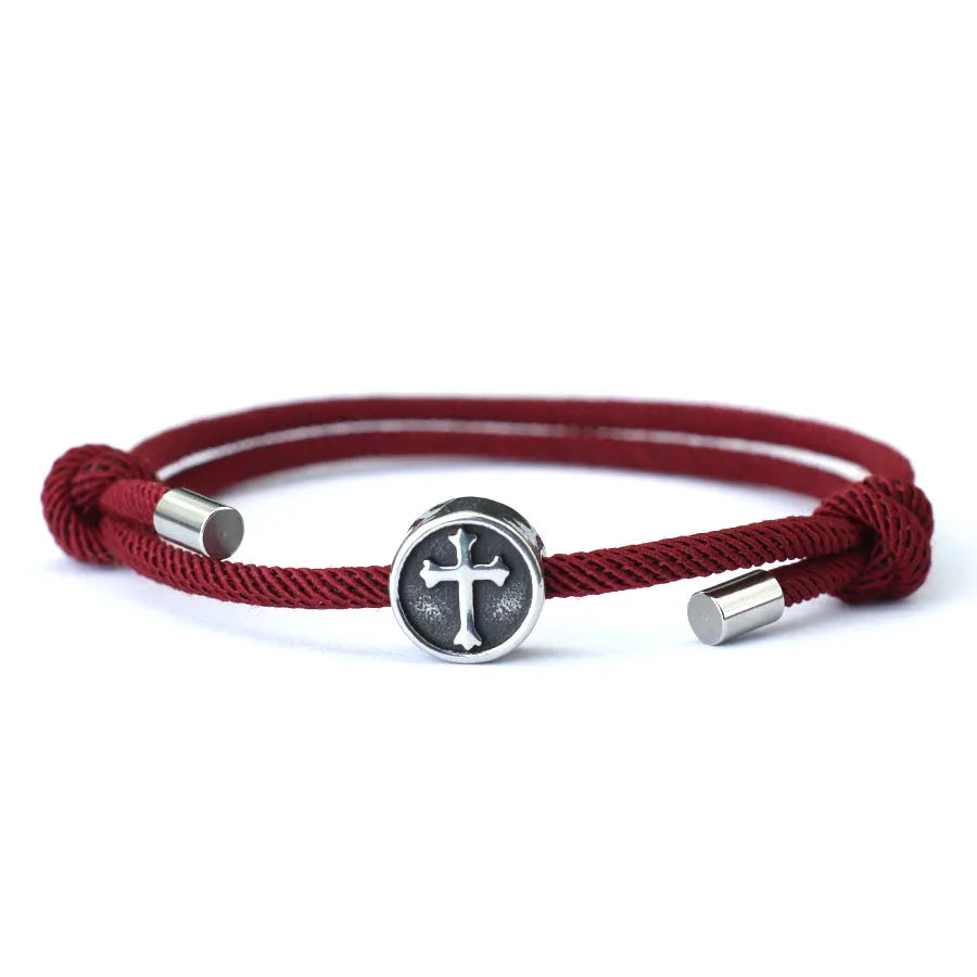 Vintage Mens Bracelet Rope Stainless Steel Viking Cross Braslet Sliding Adjustable 3mm Marine String Braclet Accessories Hombre