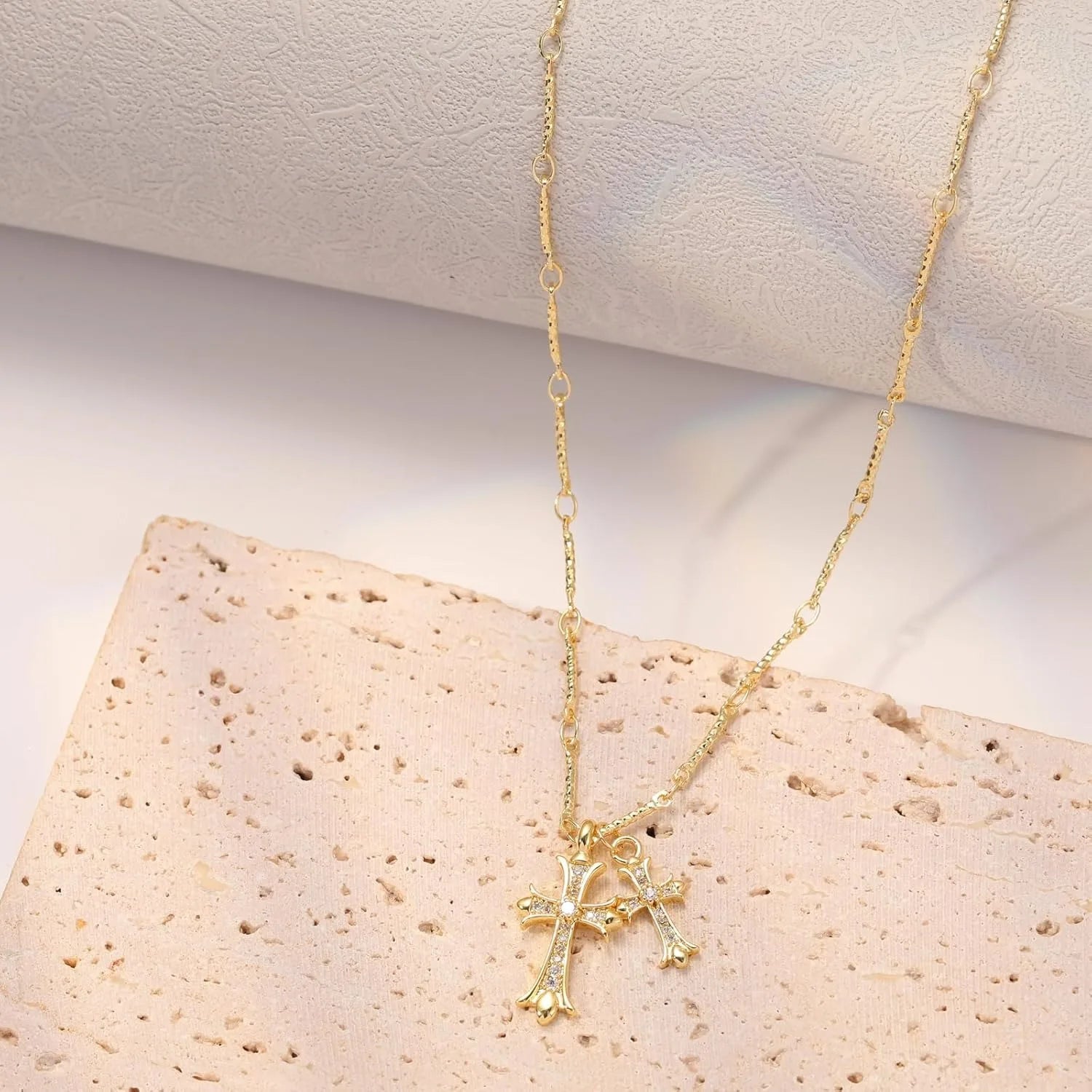Cross Necklace K Gold/Silver Plated Double Cross Pendant Necklace Diamond Cross Link Chain Jewelry Religious Gifts for Women - EastCurated
