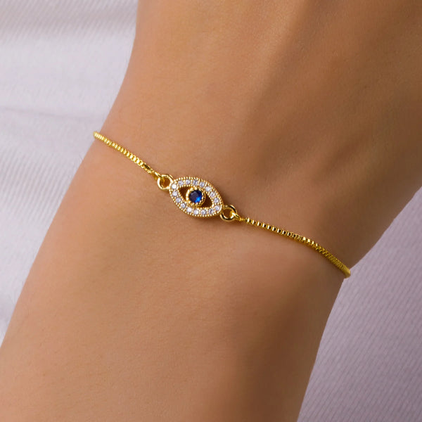 Exquisite Zircon Blue Crystal Evil Eye Bracelet Classic Turkish Lucky Eyes Gold Color Chain Bracelets For Women Men Jewelry Gift - EastCurated