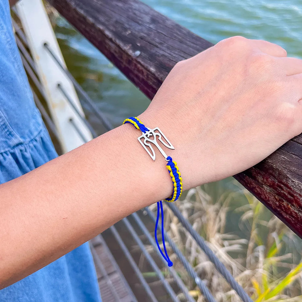 Ukraine National Emblem Trident Symbol Charms Bracelet for Women Men Ukrainian Flag Yellow Blue Rope Wristband Handmade Jewelry - EastCurated