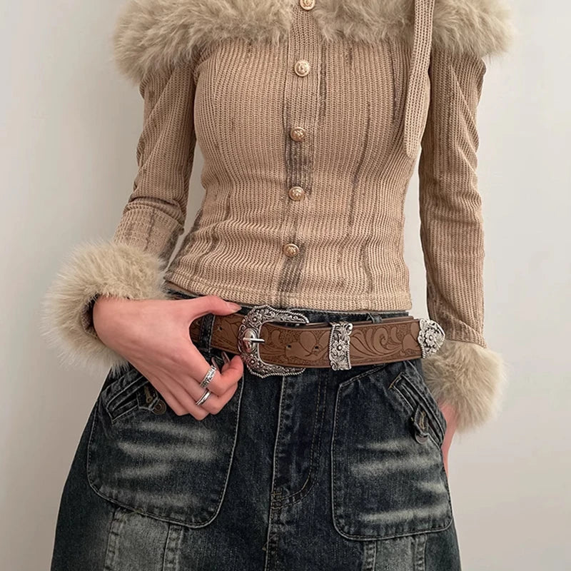 Western Brown PU Leather Vintage Belt Female Cowgirl Waist Belt with Metal Caved Buckle 3set Designer Belts For Women Jeans - EastCurated