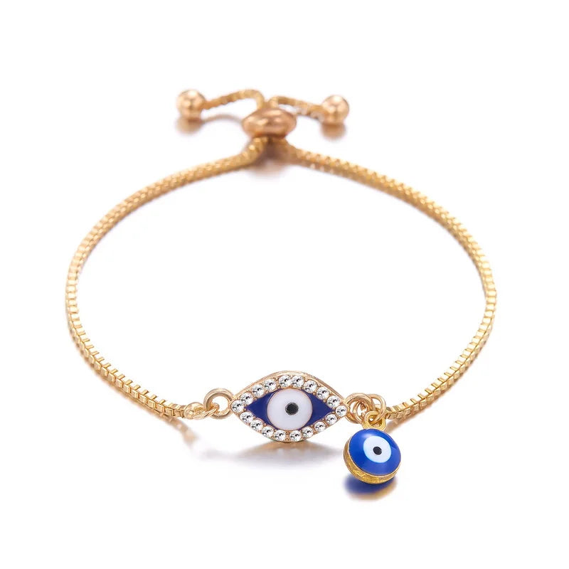 Exquisite Zircon Blue Crystal Evil Eye Bracelet Classic Turkish Lucky Eyes Gold Color Chain Bracelets For Women Men Jewelry Gift - EastCurated