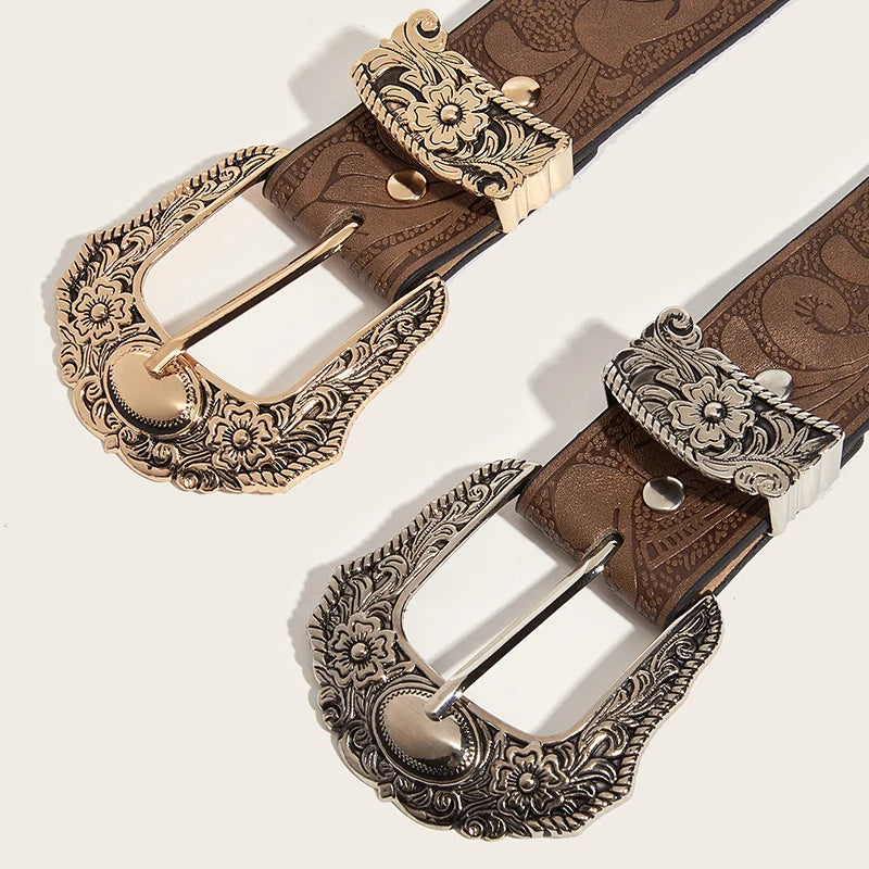Western Brown PU Leather Vintage Belt Female Cowgirl Waist Belt with Metal Caved Buckle 3set Designer Belts For Women Jeans - EastCurated