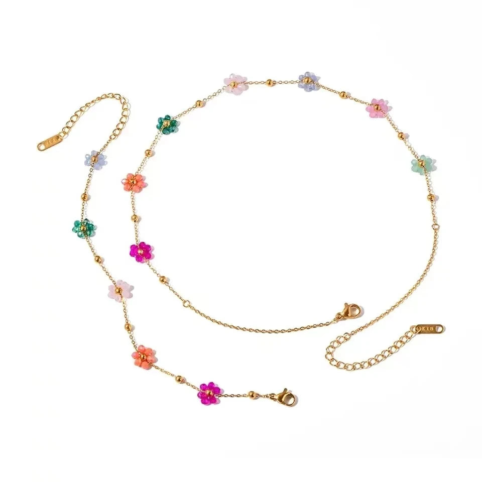 Colorful Flower Chain Stainless Steel Necklace Bracelet Set Plating Waterproof Jewelry For Ins Exquisite Jewelry - EastCurated