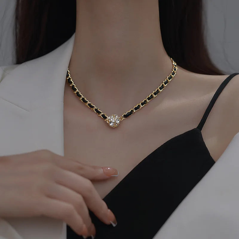 Leather Wrapped Rhinestone Magnetic New in Pendant Necklaces for Women French Niche Design Charms Cool Collars Jewelry Wholesale - EastCurated