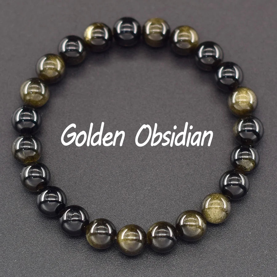 Natural Golden Obsidian Stone Beads Bracelet Men Women Golden Light Rainbow Obsidian Tourmaline Wealth Money Round Jewelry Gift - EastCurated