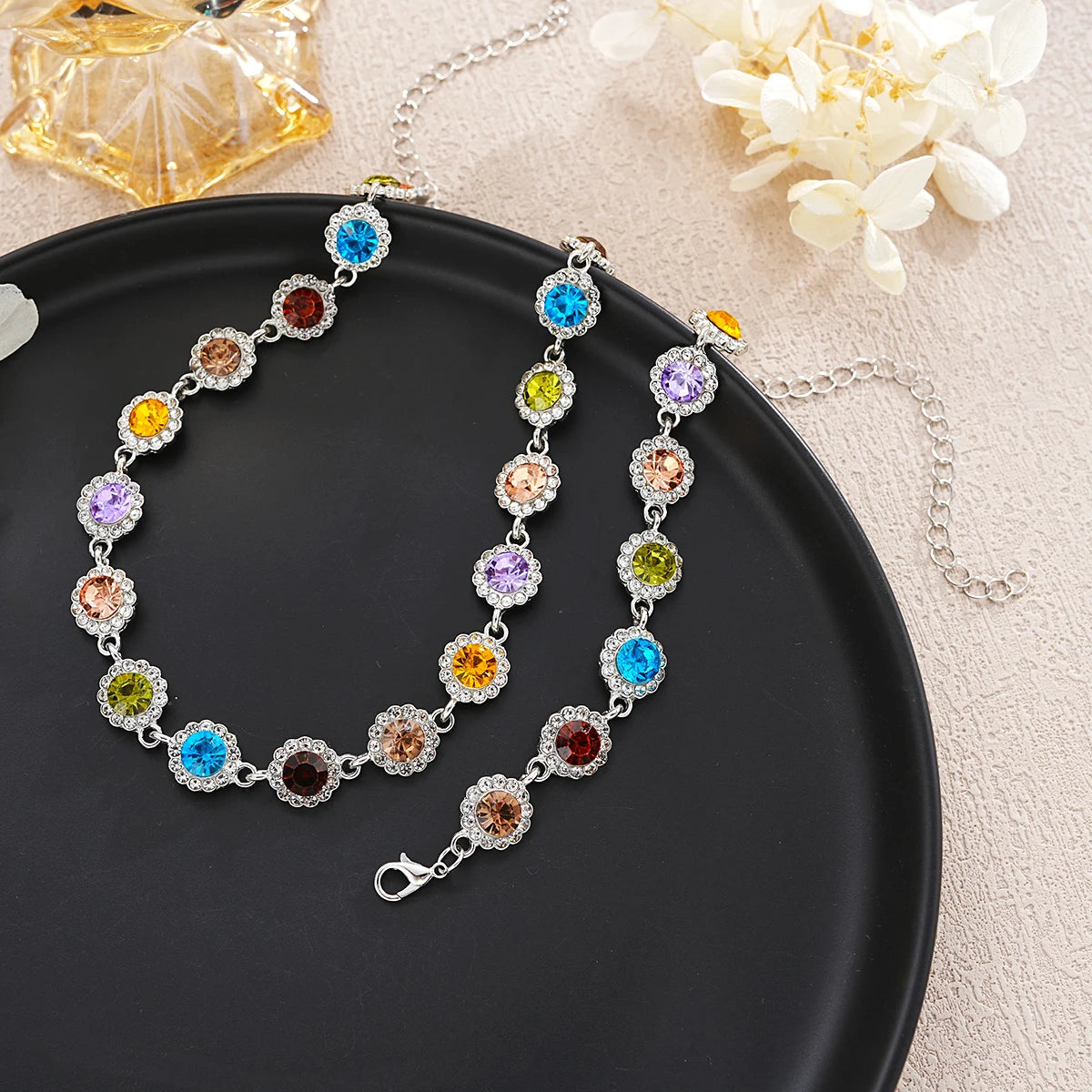Korean Style Colorful Crystal Choker Necklace Bracelet for Women Sparkly Rhinestone Clavicle Chain Bracelet Fashion Jewelry