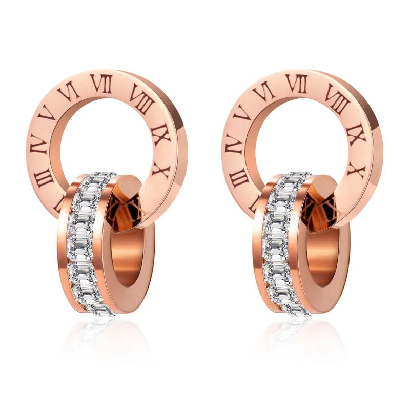 Classic Roman Numeral Crystal Stainless Steel Earrings Necklace for Women Luxury Elegant Fashion Wedding Party Jewelry Gift - EastCurated
