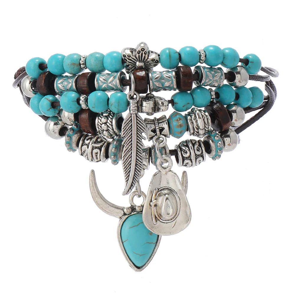 Western Country Hat Animal Head Leaf Feather Women Charm Bracelets Women Leather Bracelets Men Bangle Wholesale Jewelry Gift - EastCurated