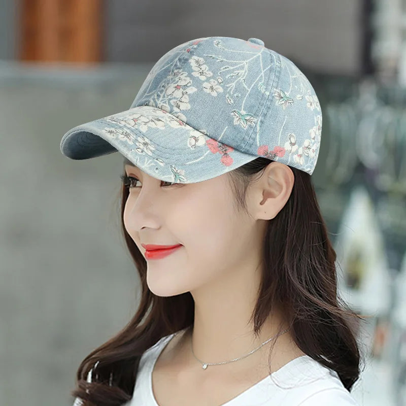 Islander Washed Denim Cap | Bohemian Tropical Print Baseball Hat — A Closer Look