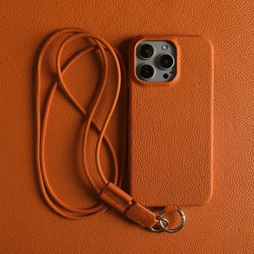 Luxury Cowhide Genuine Leather Case For iPhone 16 Pro Max 15Pro 11 13 12pro 14Pro 14 Strap Crossbody Lanyard Phone Cover Coque