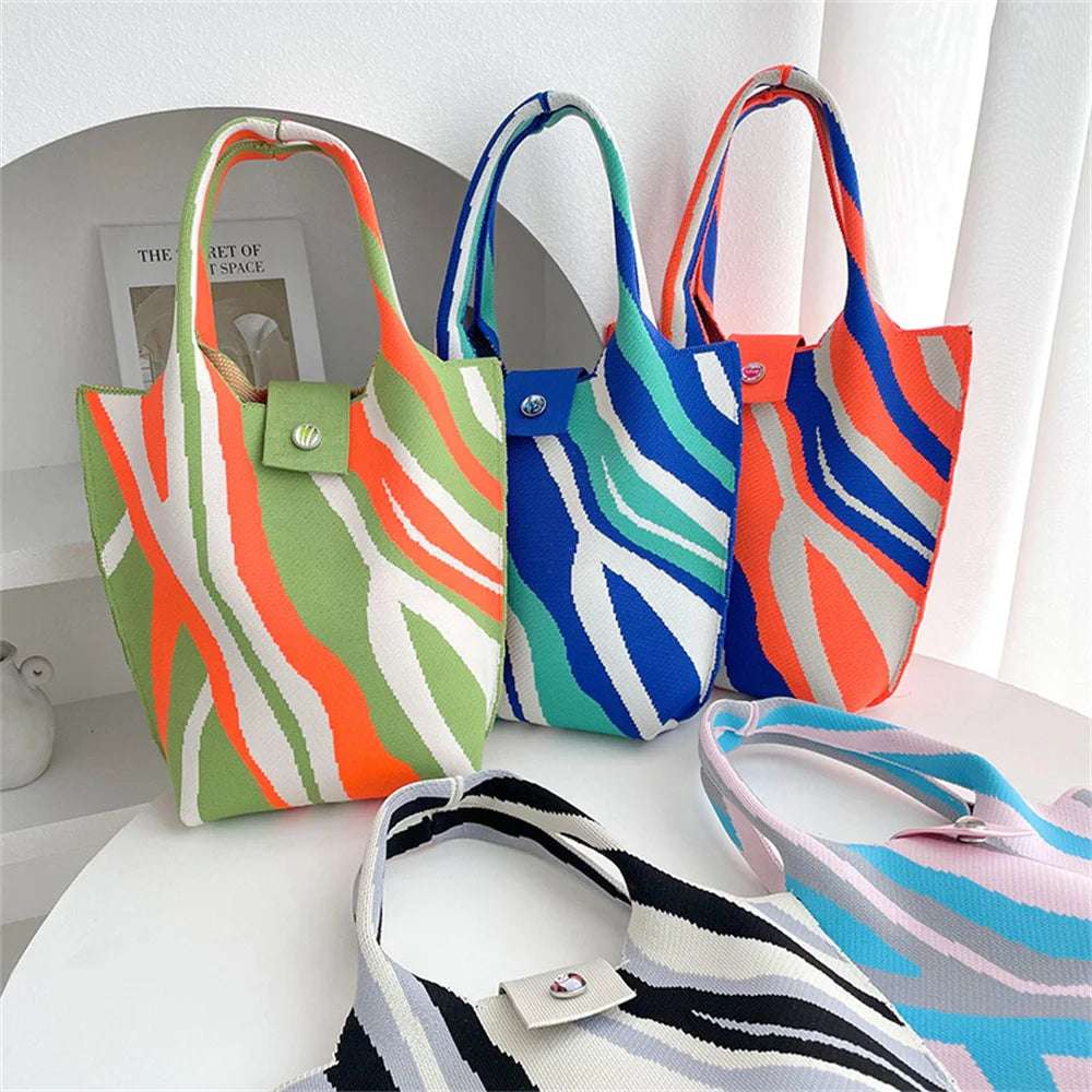 New Corrugation Knitted Handbag Girl Casual Shoulder Bag Women Retro Large Capacity Commuter Bucket Bag Phone Keys Purse 28*18cm