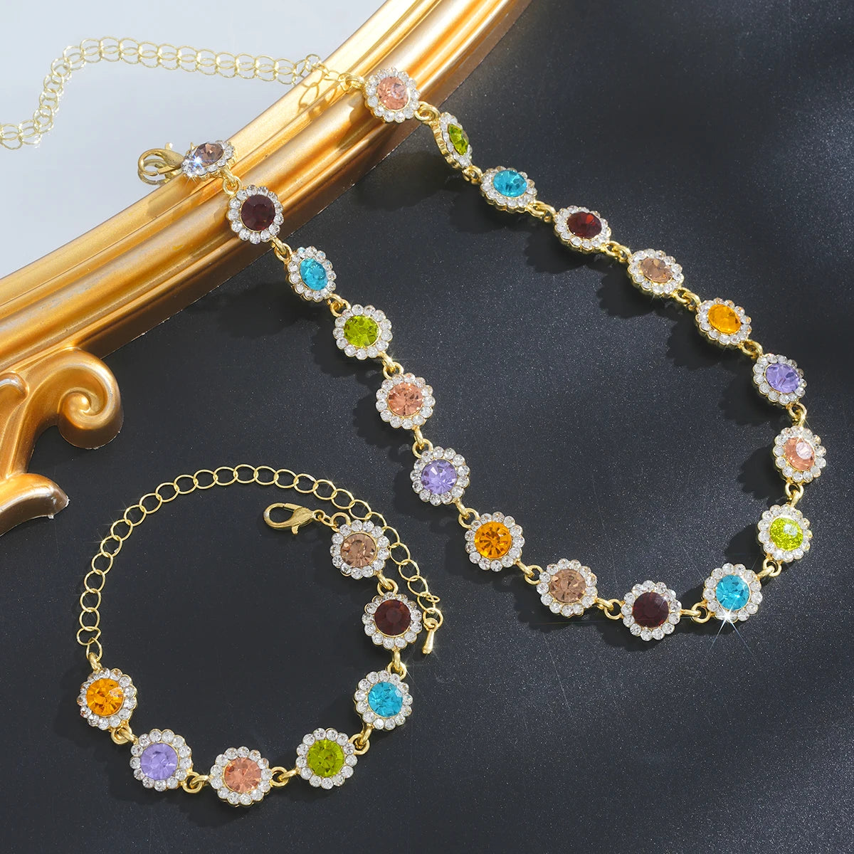 Korean Style Colorful Crystal Choker Necklace Bracelet for Women Sparkly Rhinestone Clavicle Chain Bracelet Fashion Jewelry