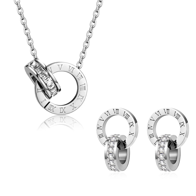 Classic Roman Numeral Crystal Stainless Steel Earrings Necklace for Women Luxury Elegant Fashion Wedding Party Jewelry Gift - EastCurated