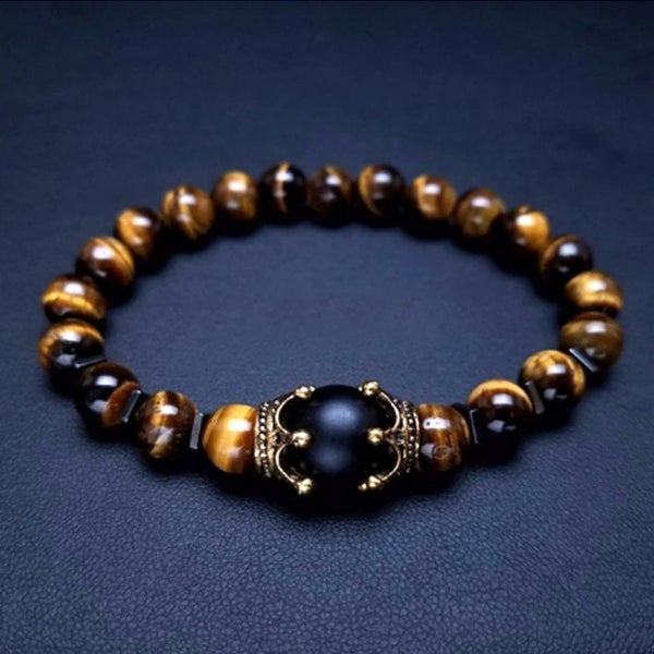 HNSP Beaded Bracelet For Men Natural Stone Tiger Eye Bead Black Stone Elastic Rope Hand Chain Jewelry Accessories - EastCurated