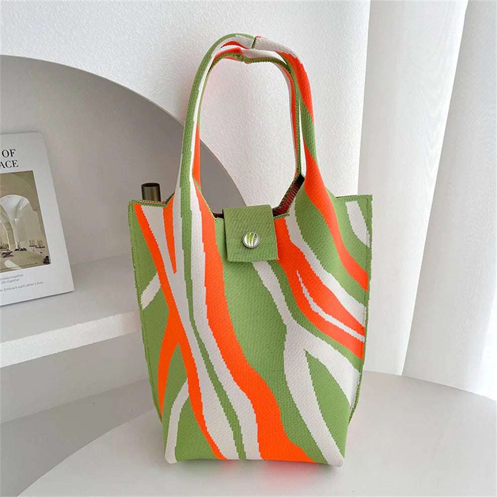 New Corrugation Knitted Handbag Girl Casual Shoulder Bag Women Retro Large Capacity Commuter Bucket Bag Phone Keys Purse 28*18cm