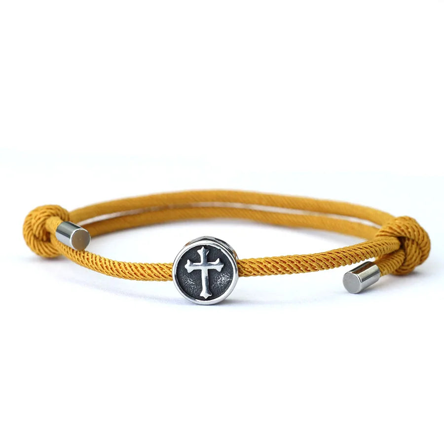 Vintage Mens Bracelet Rope Stainless Steel Viking Cross Braslet Sliding Adjustable 3mm Marine String Braclet Accessories Hombre