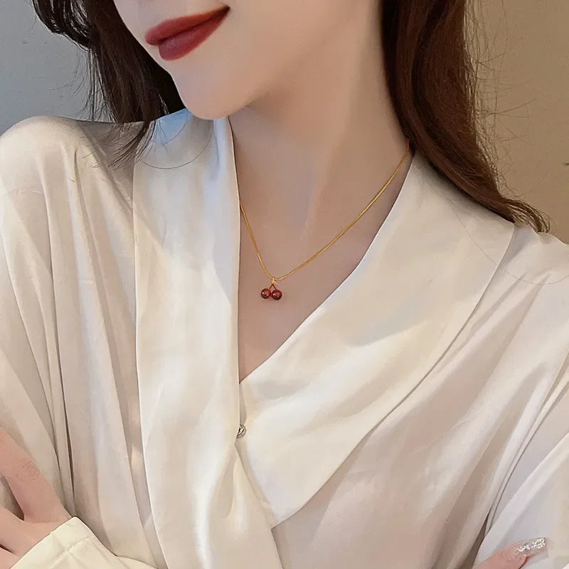Little Wine Red Cherry Pendant Necklaces For Women Fashion Personality Fruit Golden Chain Necklace Party Jewelry Birthday Gifts - EastCurated