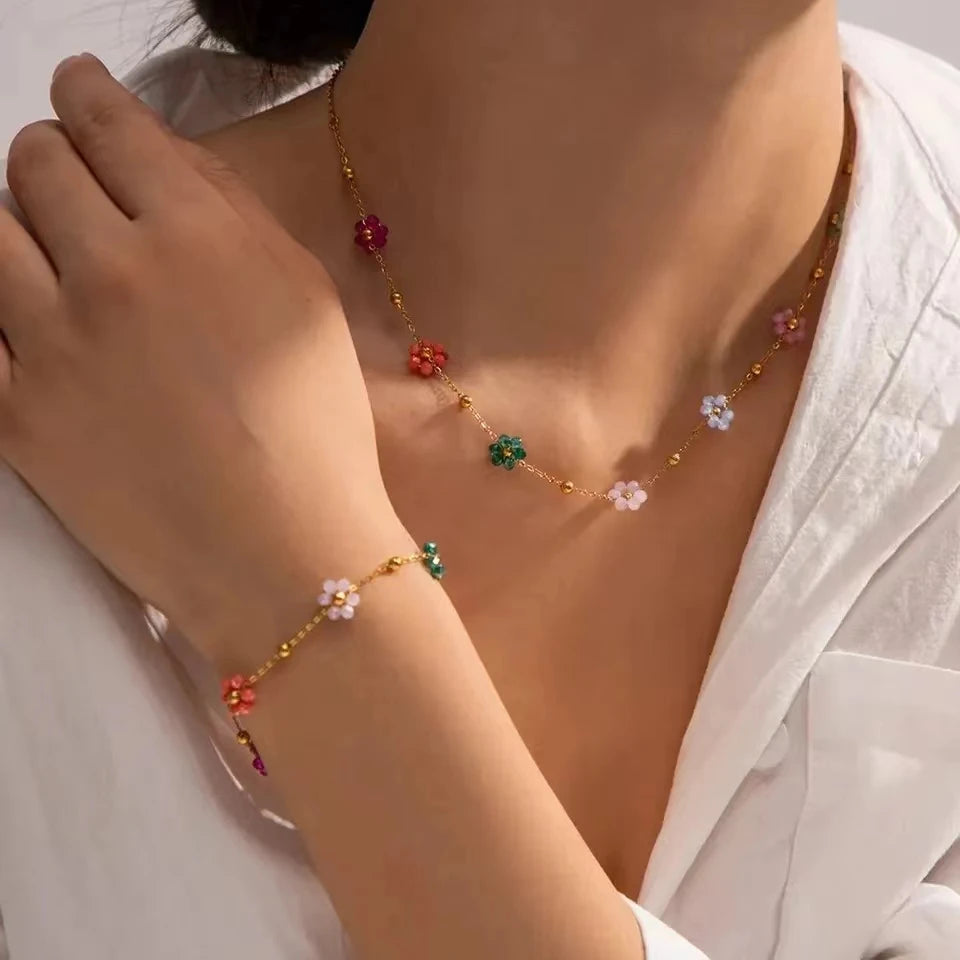Colorful Flower Chain Stainless Steel Necklace Bracelet Set Plating Waterproof Jewelry For Ins Exquisite Jewelry - EastCurated