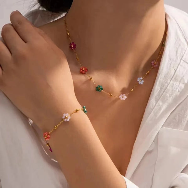 Colorful Flower Chain Stainless Steel Necklace Bracelet Set Plating Waterproof Jewelry For Ins Exquisite Jewelry - EastCurated