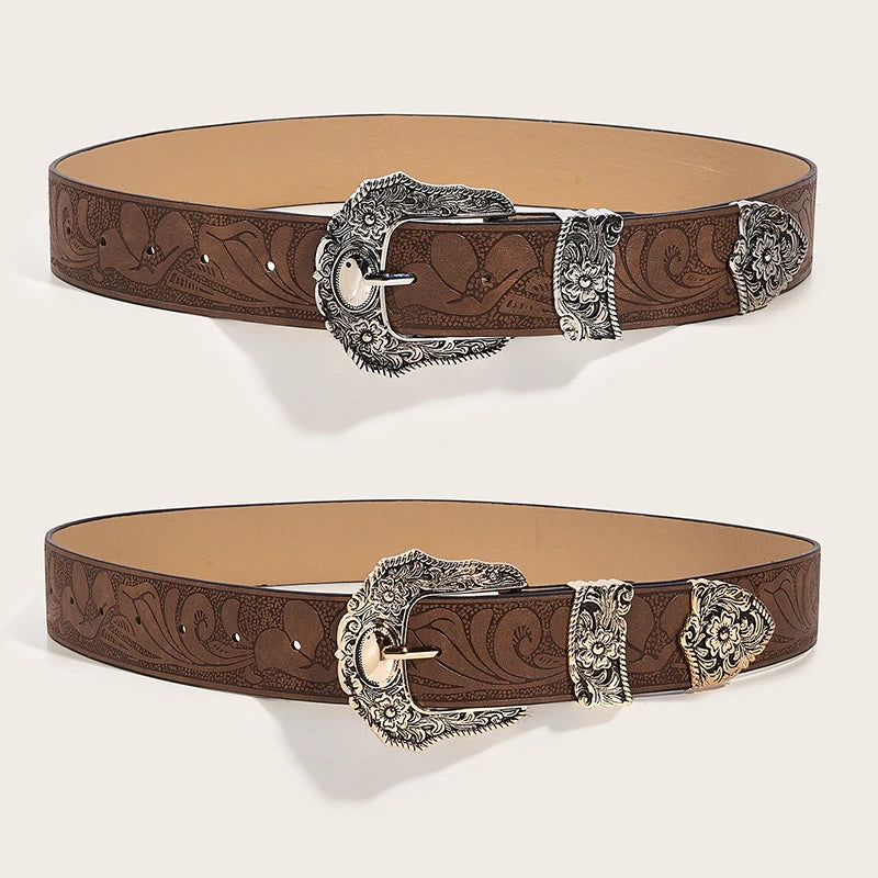 Western Brown PU Leather Vintage Belt Female Cowgirl Waist Belt with Metal Caved Buckle 3set Designer Belts For Women Jeans - EastCurated