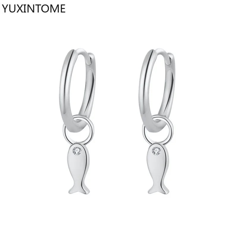 925 Sterling Silver Ear Needle Cute Small Fish Pendant Earrings for Women Simple Crystal Hoop Earrings Fashion Jewelry Gifts - EastCurated