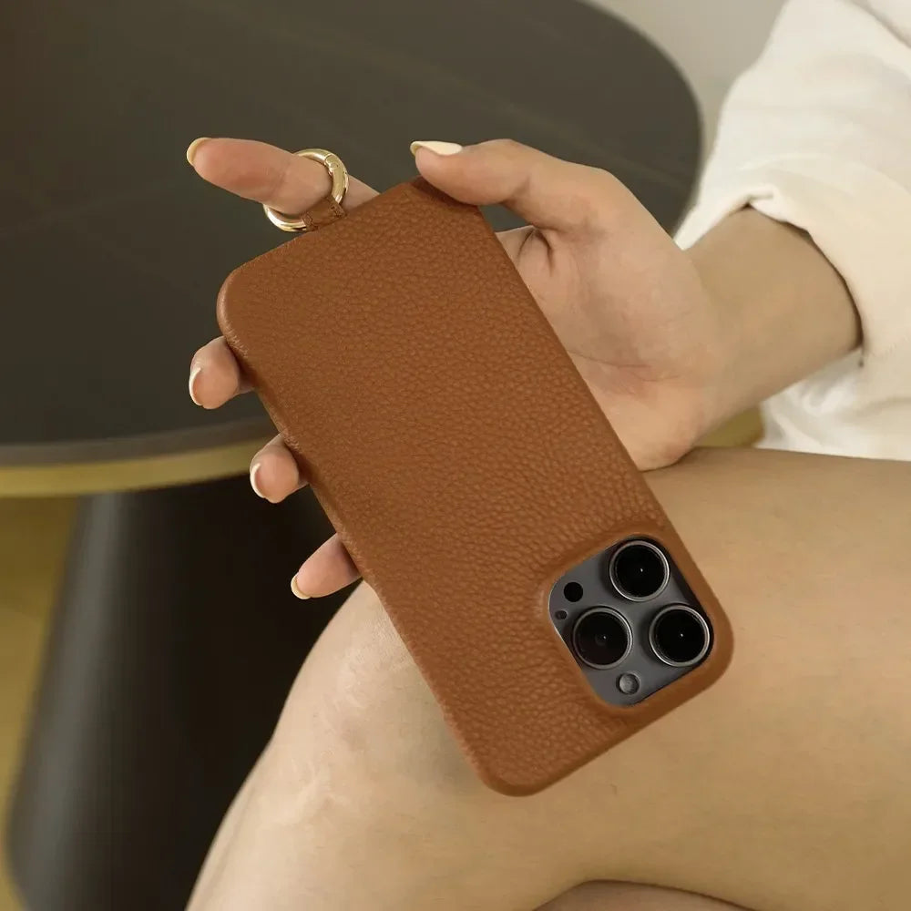 Luxury Cowhide Genuine Leather Case For iPhone 16 Pro Max 15Pro 11 13 12pro 14Pro 14 Strap Crossbody Lanyard Phone Cover Coque - EastCurated