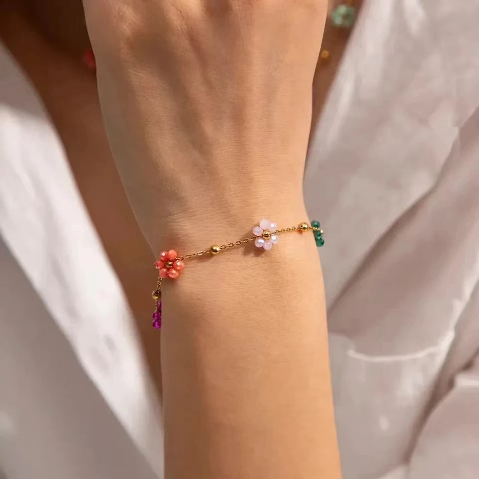 Colorful Flower Chain Stainless Steel Necklace Bracelet Set Plating Waterproof Jewelry For Ins Exquisite Jewelry - EastCurated