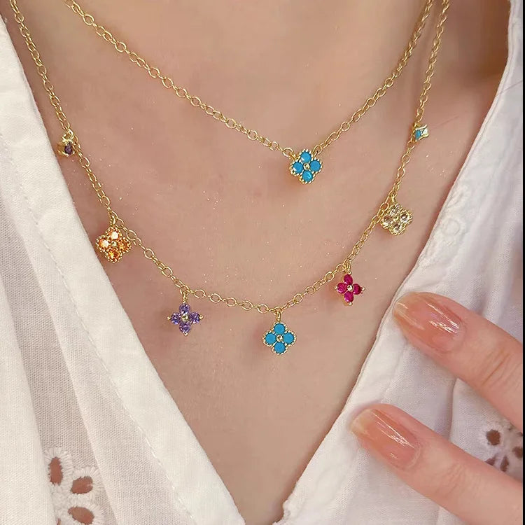 925 Sterling Silver Colorful AAA CZ Gold Color Clover Necklace Elegant Pendant Jewelry for Women Valentine's Day Gift - EastCurated