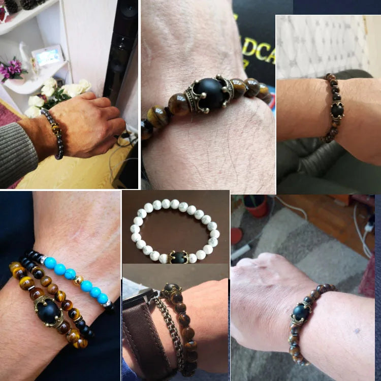HNSP Beaded Bracelet For Men Natural Stone Tiger Eye Bead Black Stone Elastic Rope Hand Chain Jewelry Accessories - EastCurated