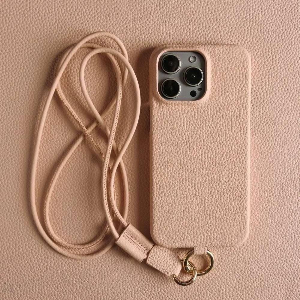 Luxury Cowhide Genuine Leather Case For iPhone 16 Pro Max 15Pro 11 13 12pro 14Pro 14 Strap Crossbody Lanyard Phone Cover Coque