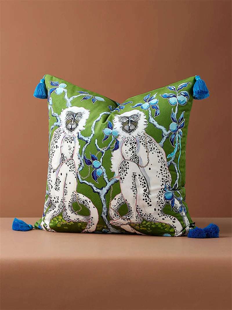 White Moneky Cushion Cover Soft Velvet Pillowcase Both Side Print Animal Cute Chinese Style Pillowcase Shell 60cm Home Sofa Deco