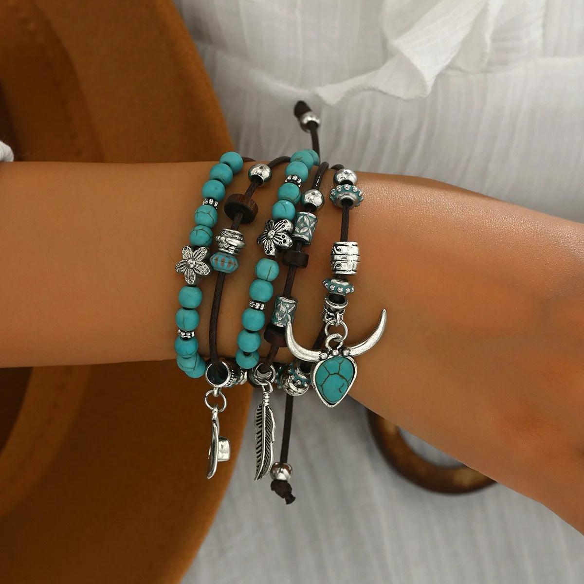 Western Country Hat Animal Head Leaf Feather Women Charm Bracelets Women Leather Bracelets Men Bangle Wholesale Jewelry Gift - EastCurated