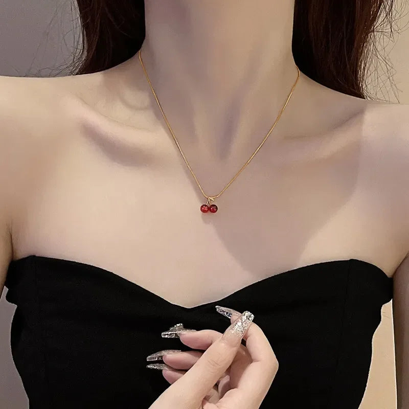 Little Wine Red Cherry Pendant Necklaces For Women Fashion Personality Fruit Golden Chain Necklace Party Jewelry Birthday Gifts - EastCurated