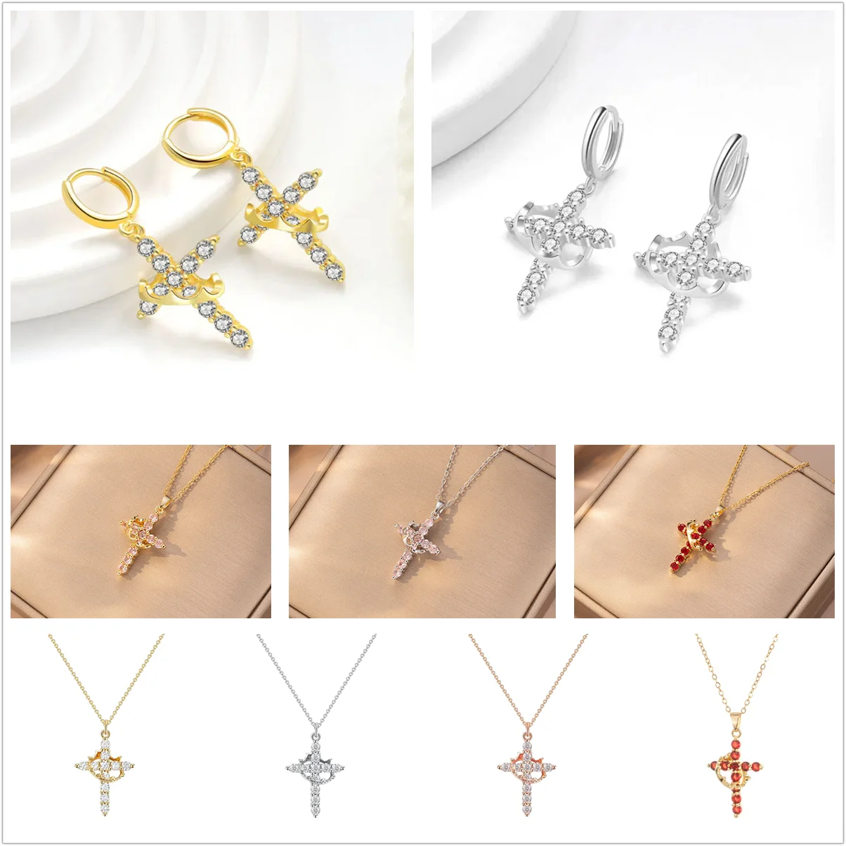 Rotatable Crown Rhinestone Cross Choker Necklace Earrings Rings for Women Minimalist Cross Chain Christian Jewelry Prayer Gift - EastCurated
