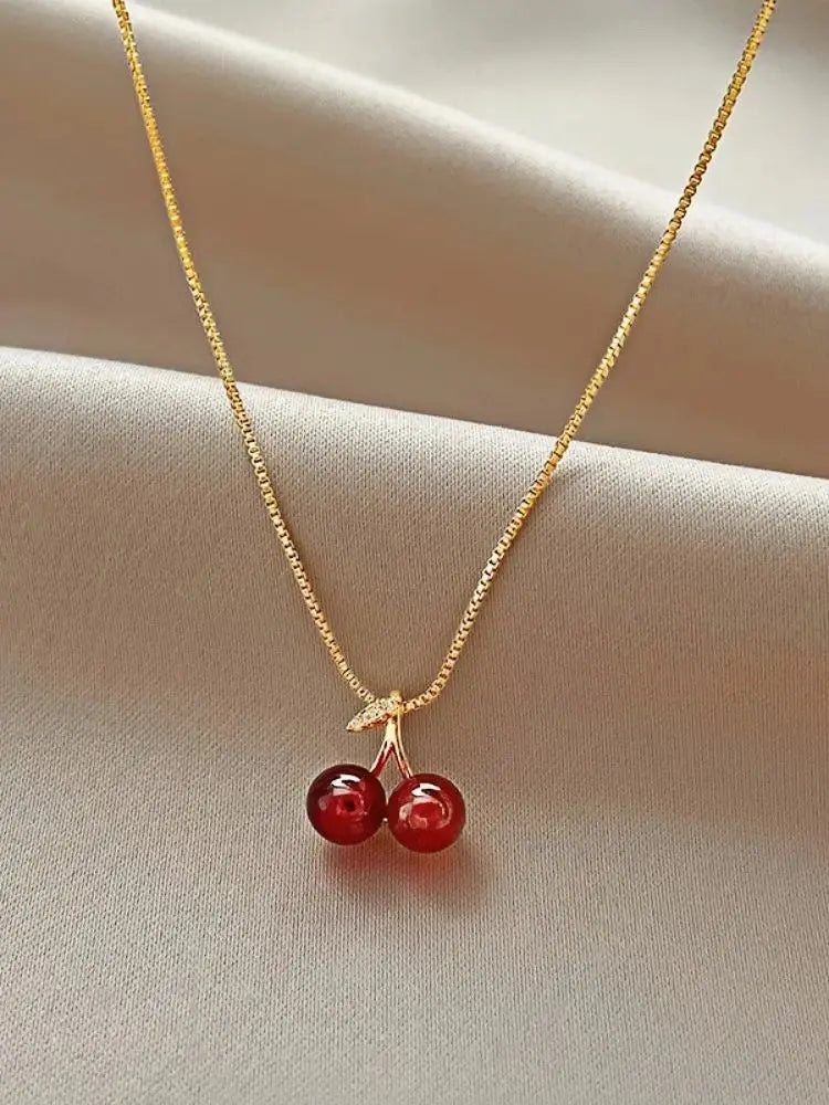 Little Wine Red Cherry Pendant Necklaces For Women Fashion Personality Fruit Golden Chain Necklace Party Jewelry Birthday Gifts - EastCurated