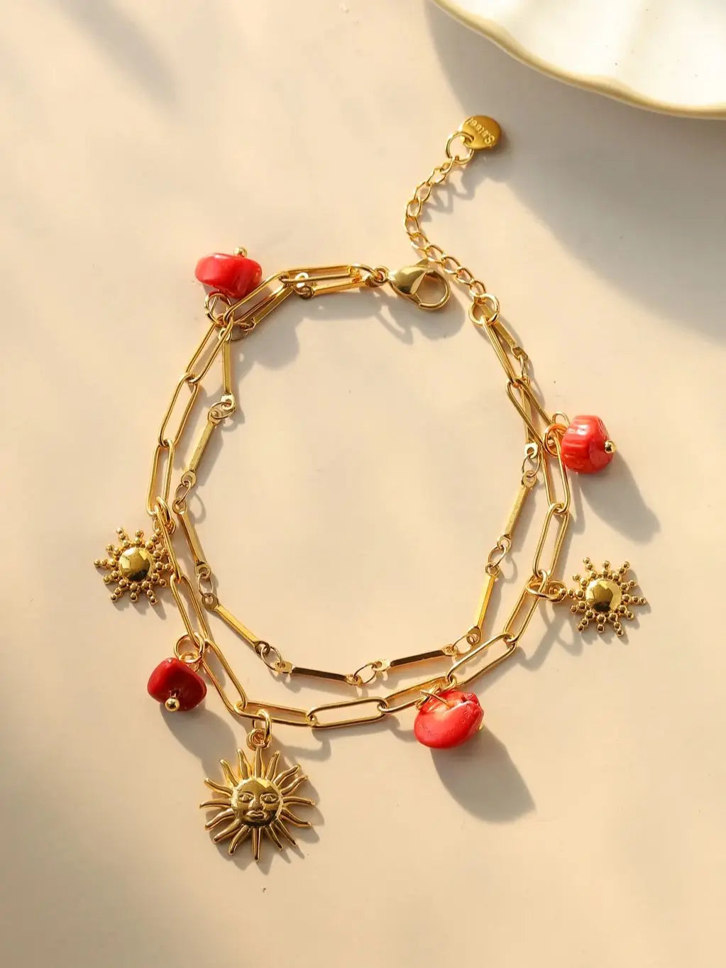 Stainless Steel Red Natural Stone Sun Pendant Double Bracelet Simple Irregular Chain Gold Women Jewelry Birthday Gift - EastCurated