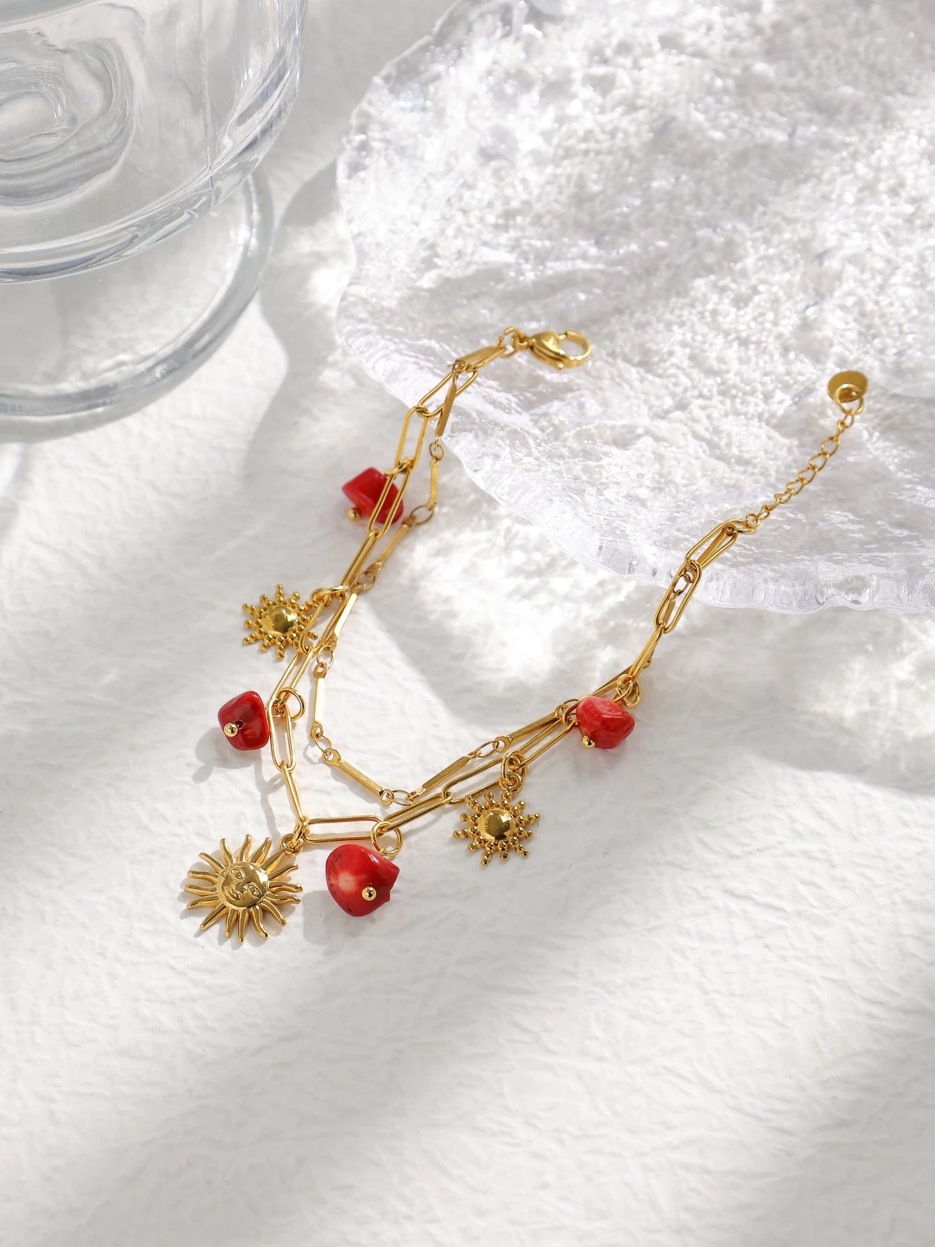 Stainless Steel Red Natural Stone Sun Pendant Double Bracelet Simple Irregular Chain Gold Women Jewelry Birthday Gift - EastCurated