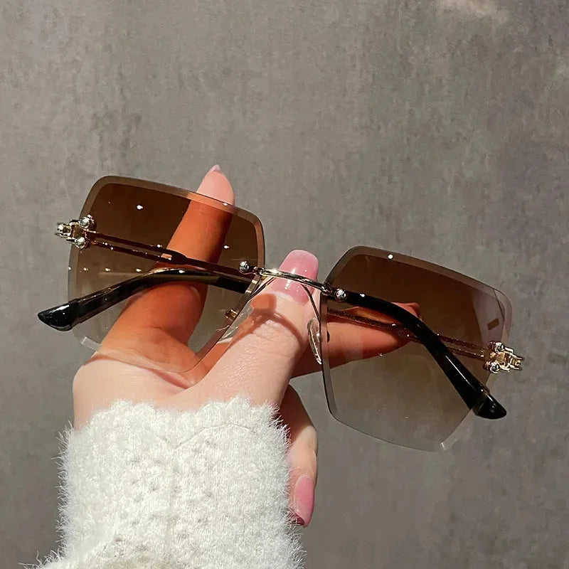 2025 Fashion Oversized Rimless Sunglasses Women Famous Luxury Brand Design Sexy Vintage Lady Summer Style  Sun Glasses - EastCurated
