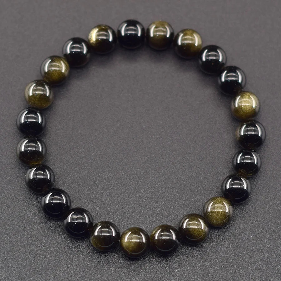 Natural Golden Obsidian Stone Beads Bracelet Men Women Golden Light Rainbow Obsidian Tourmaline Wealth Money Round Jewelry Gift - EastCurated