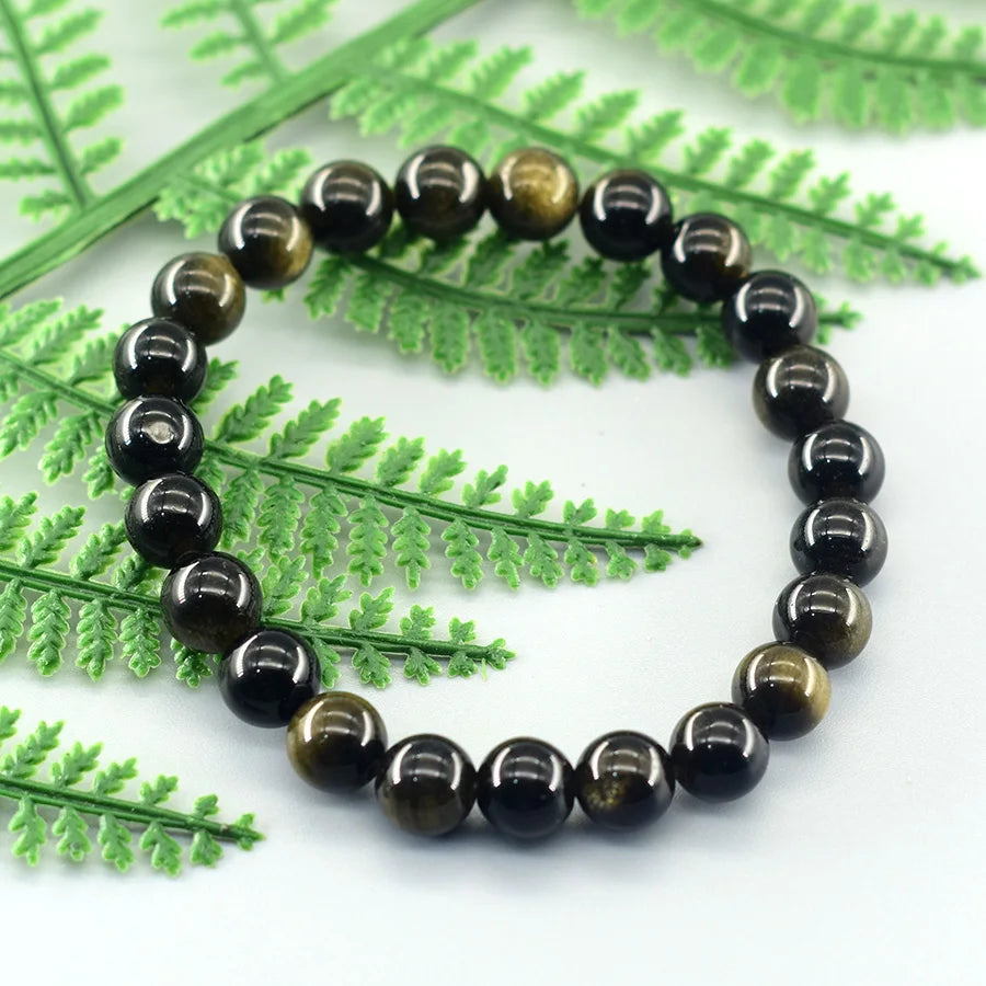 Natural Golden Obsidian Stone Beads Bracelet Men Women Golden Light Rainbow Obsidian Tourmaline Wealth Money Round Jewelry Gift - EastCurated