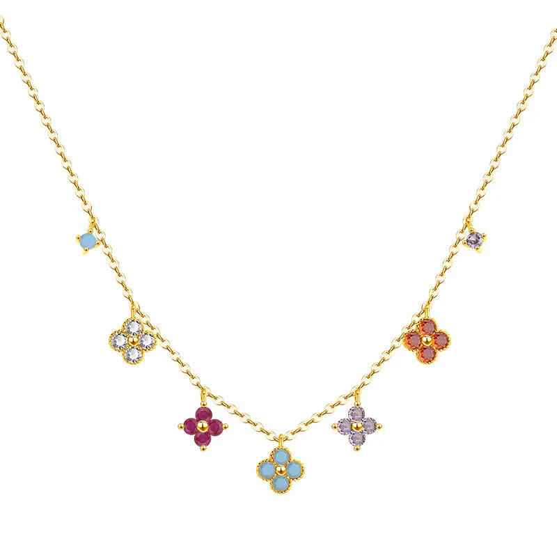 925 Sterling Silver Colorful AAA CZ Gold Color Clover Necklace Elegant Pendant Jewelry for Women Valentine's Day Gift - EastCurated