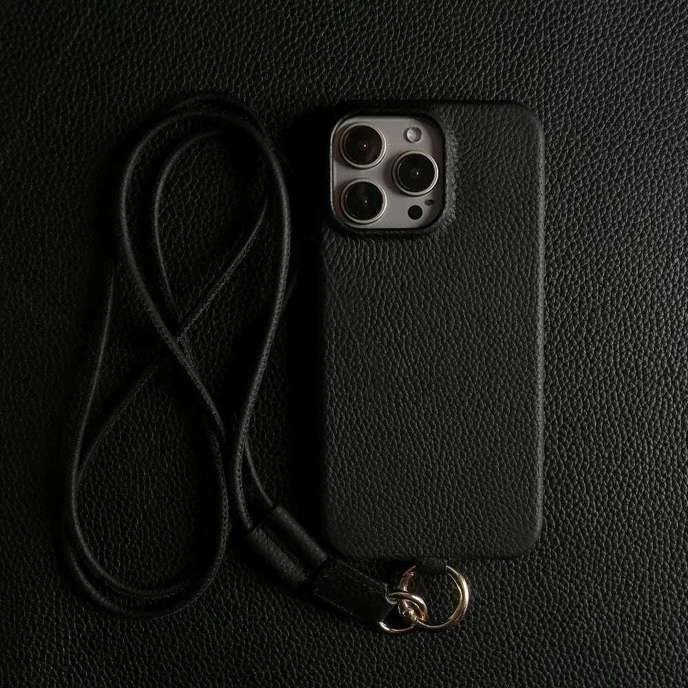 Luxury Cowhide Genuine Leather Case For iPhone 16 Pro Max 15Pro 11 13 12pro 14Pro 14 Strap Crossbody Lanyard Phone Cover Coque