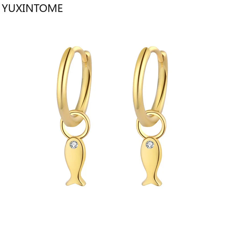 925 Sterling Silver Ear Needle Cute Small Fish Pendant Earrings for Women Simple Crystal Hoop Earrings Fashion Jewelry Gifts - EastCurated