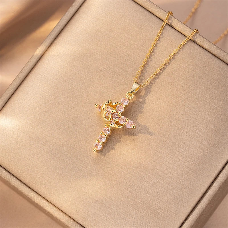 Rotatable Crown Rhinestone Cross Choker Necklace Earrings Rings for Women Minimalist Cross Chain Christian Jewelry Prayer Gift - EastCurated