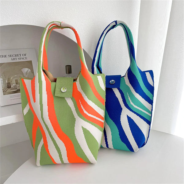 New Corrugation Knitted Handbag Girl Casual Shoulder Bag Women Retro Large Capacity Commuter Bucket Bag Phone Keys Purse 28*18cm