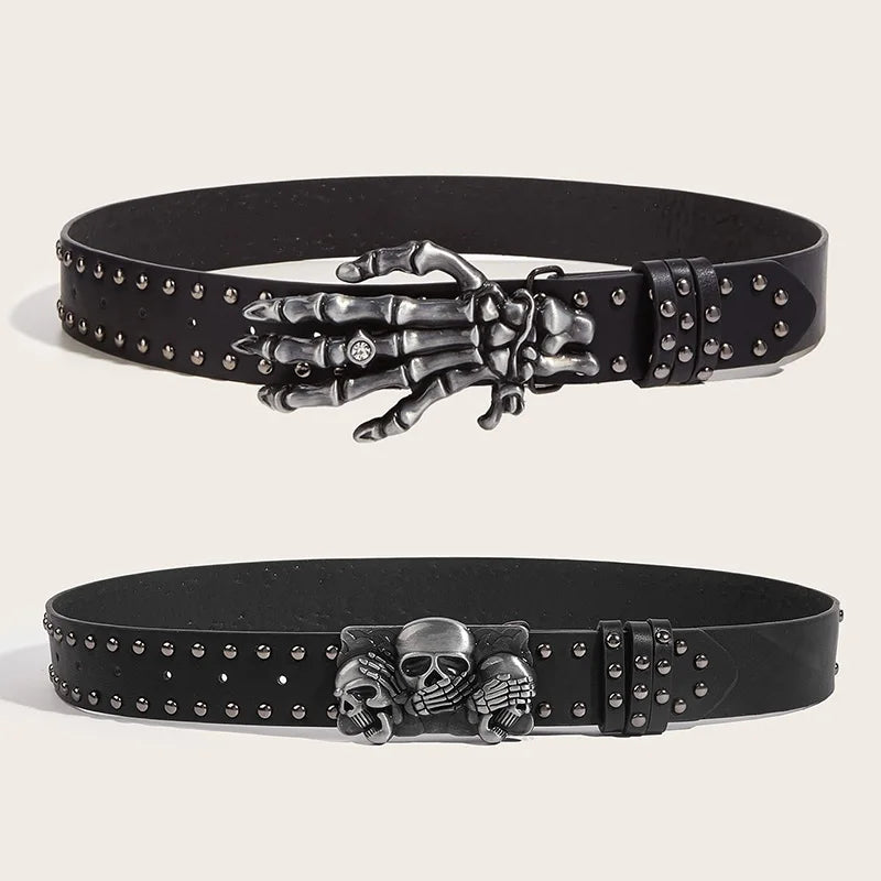 Skull Buckle Rivet Belt — Black — A Closer Look