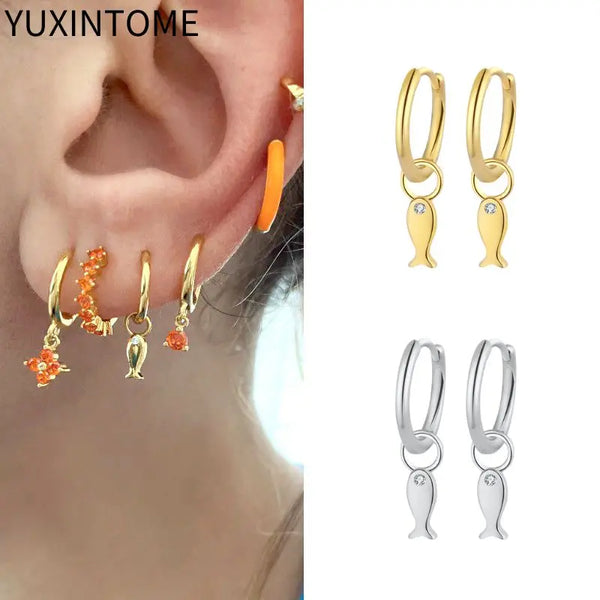 925 Sterling Silver Ear Needle Cute Small Fish Pendant Earrings for Women Simple Crystal Hoop Earrings Fashion Jewelry Gifts - EastCurated