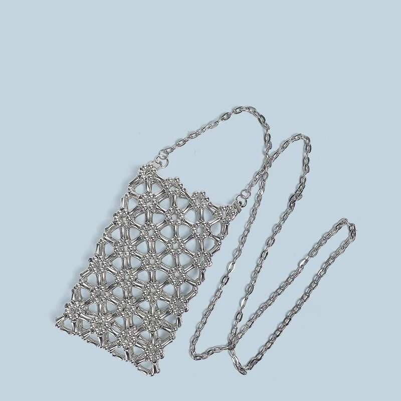 Bamboo Bead Crossbody Bag, Small Capacity, Handmade Bead Hollow Weaving Finished Product, Vertical Phone Bag, New